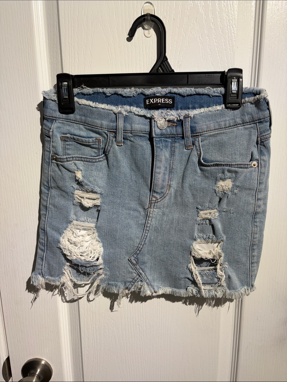 Express Light Blue Distressed Denim Mini Skirt